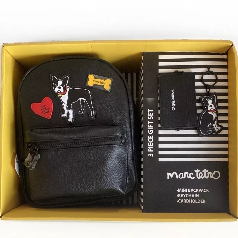 Marc Tetro 3 Pc Boston Terrier Backpack Keychain Cardholder - Black Gift Set NIB
